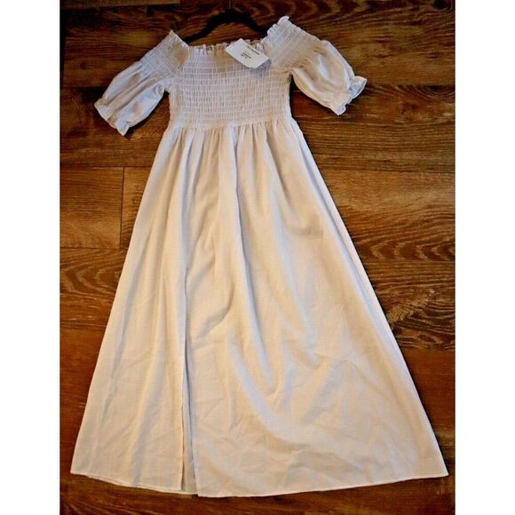 Ava + Esme Women's Sz 8 White Off The Shoulder Puff Sleeve Shirred Maxi Dress - Picture 1 of 10